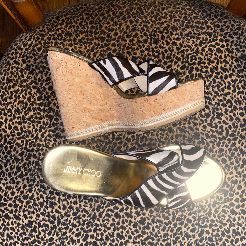 NWOT Jimmy Choo Women’s Papi Zebra Cork Wedge and heels USA size 9.5 EU size 41